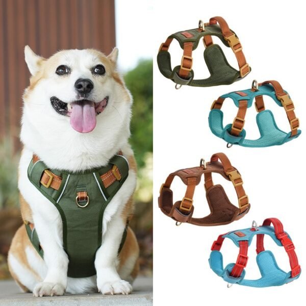 PU leather vest-style dog harness with reflective strips#HP308