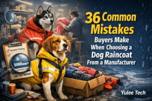 Two dogs in waterproof raincoats with reflective details, highlighting quality checks, fit, and manufacturing standards for buyers