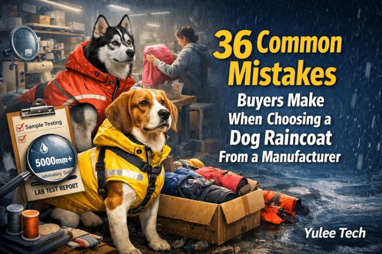 Two dogs in waterproof raincoats with reflective details, highlighting quality checks, fit, and manufacturing standards for buyers