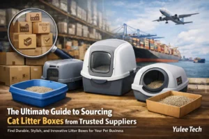 Feature image showing different types of cat litter boxes (open, covered, automatic) with logistics background, highlighting B2B sourcing for pet businesses. Brand name Yulee Tech at bottom right.