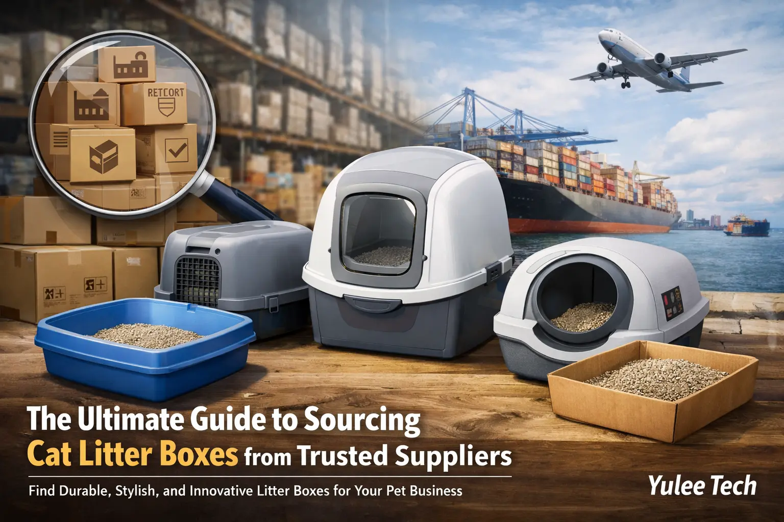 Feature image showing different types of cat litter boxes (open, covered, automatic) with logistics background, highlighting B2B sourcing for pet businesses. Brand name Yulee Tech at bottom right.
