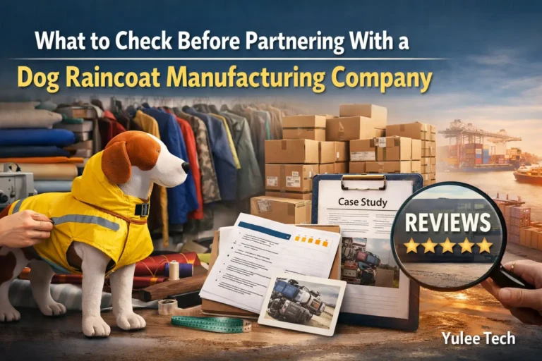 Dog wearing yellow waterproof raincoat in manufacturing setup with boxes, fabrics, and reviews, showing dog raincoat production and quality checks
