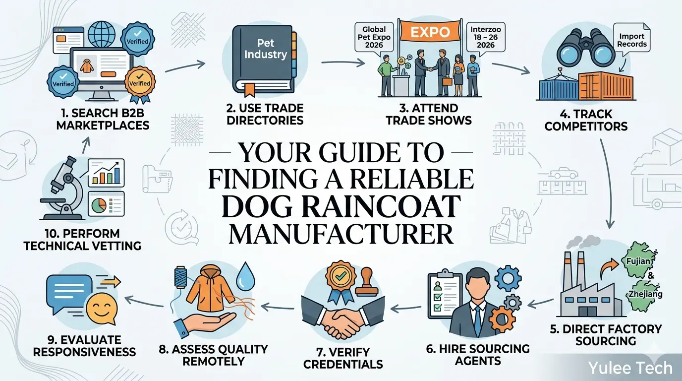 Step-by-step guide on how to find a trusted dog raincoat manufacturer by Yulee Tech.