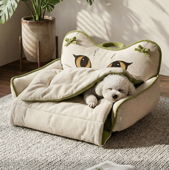 ScreenShot_2026-08-15_164556_743 Strip‑Velvet Pet Bed with Hooded Blanket