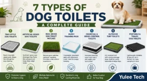 Yulee Tech infographic showing 7 types of dog toilets, including tray, artificial grass, real grass, puppy pads, odor-control, outdoor, and portable options.