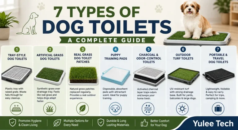 Yulee Tech infographic showing 7 types of dog toilets, including tray, artificial grass, real grass, puppy pads, odor-control, outdoor, and portable options.