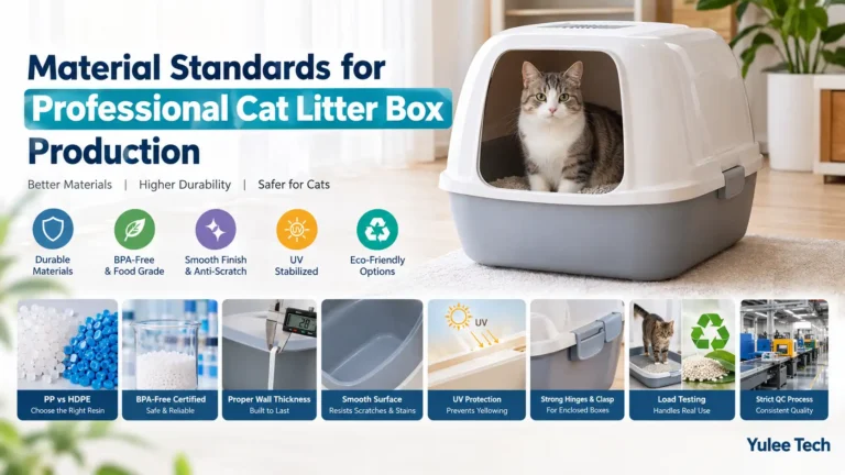 Yulee Tech professional cat litter box showing durable, BPA-free, scratch-resistant, UV-stabilized materials and quality standards.