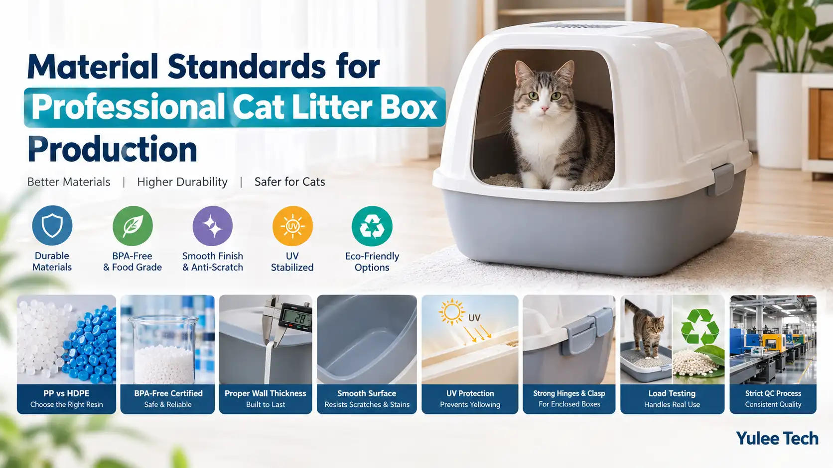Yulee Tech professional cat litter box showing durable, BPA-free, scratch-resistant, UV-stabilized materials and quality standards.