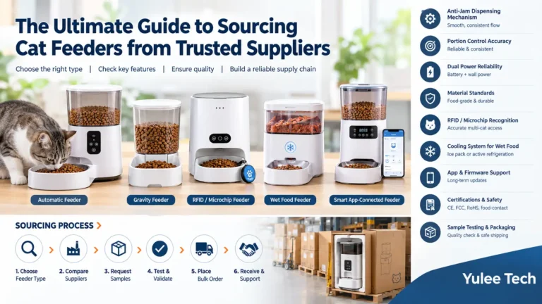 Yulee Tech guide to sourcing cat feeders, showing feeder types, quality checks, certifications, testing, packaging, and supplier process.