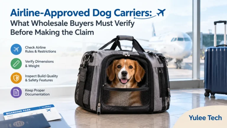 Airline travel dog carrier with safety checklist, airport background, and Yulee Tech branding.