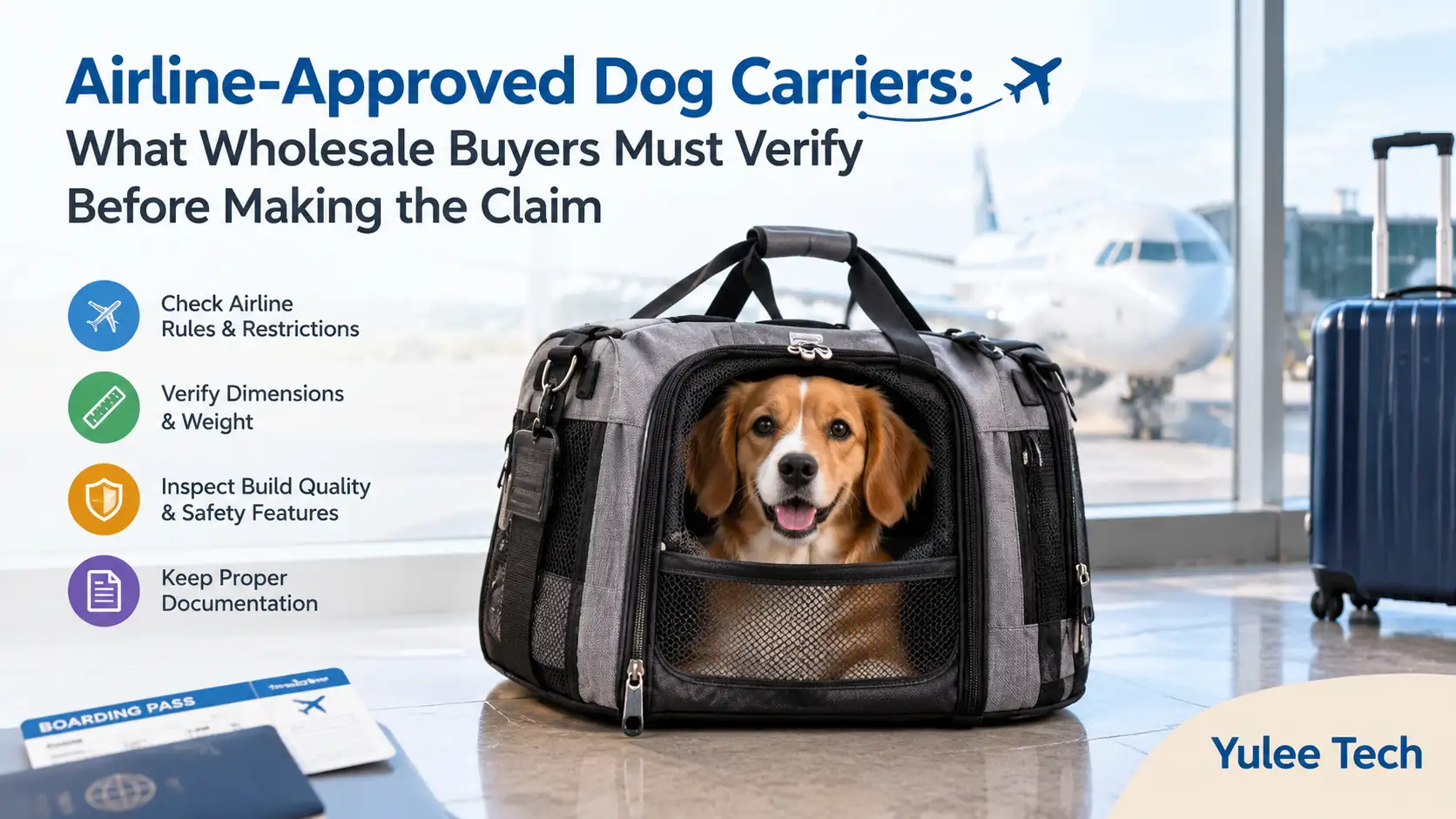 Airline travel dog carrier with safety checklist, airport background, and Yulee Tech branding.
