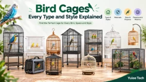Yulee Tech bird cages featuring different types, styles, materials, and sizes for pet birds, including dome top, flat top, travel, and aviary cages.
