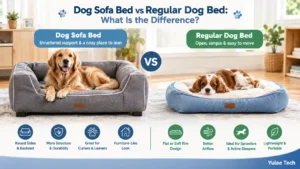 Yulee Tech compares a dog sofa bed and regular dog bed, highlighting differences in support, design, comfort, and portability.