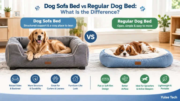 Yulee Tech compares a dog sofa bed and regular dog bed, highlighting differences in support, design, comfort, and portability.